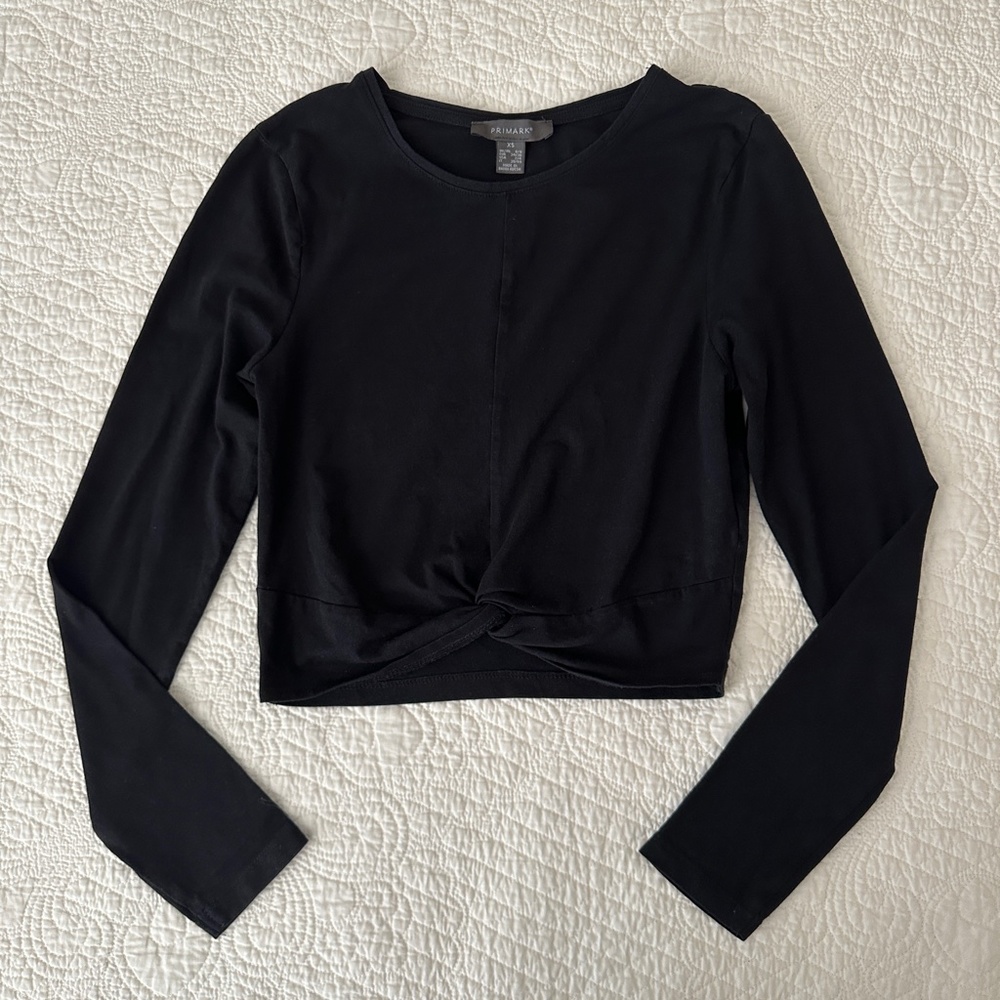Primark Cropped Twist Front Long Sleeved Black Top Women’s Shirt XS